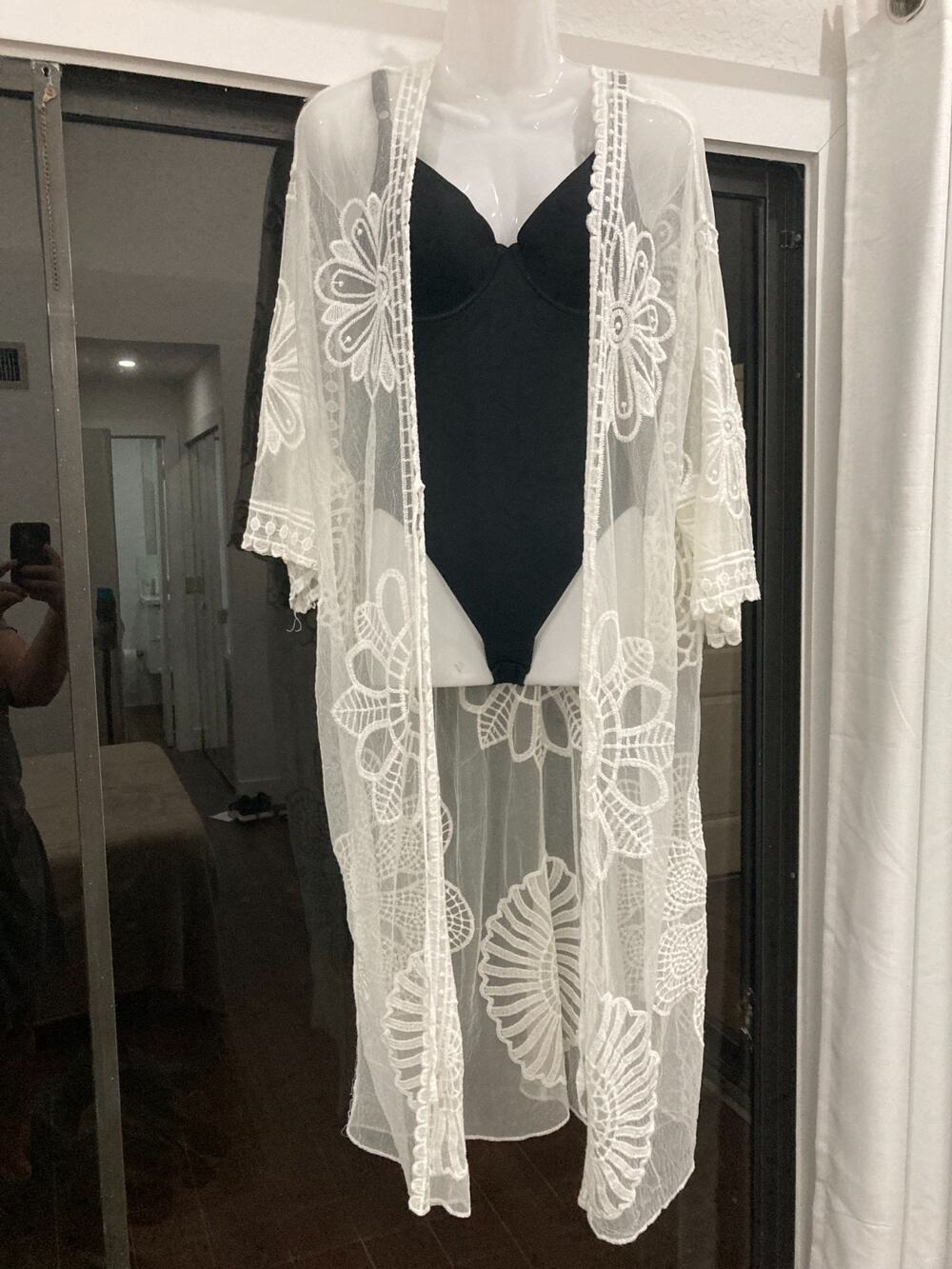 Boho White Sheer Embroidered Lace Floral Long Kimono Duster Swim Cover Up